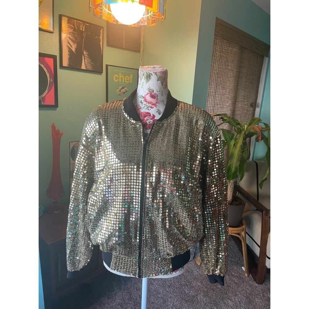 Vintage Disco Sequins Gold Bomber Jacket